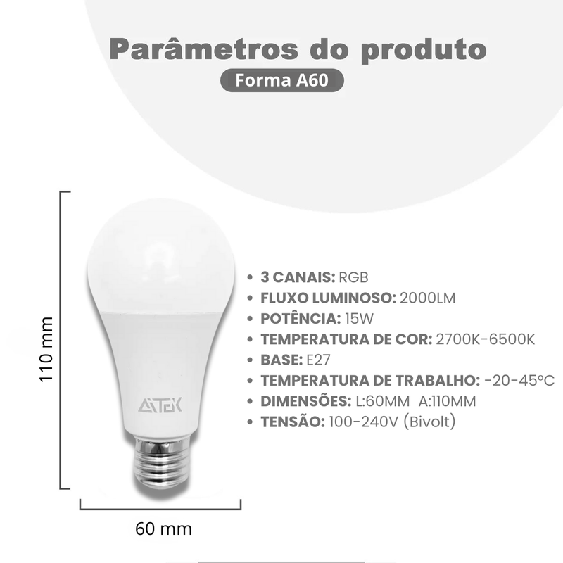 Lâmpada LED Inteligente RGB, Com Controle Por App