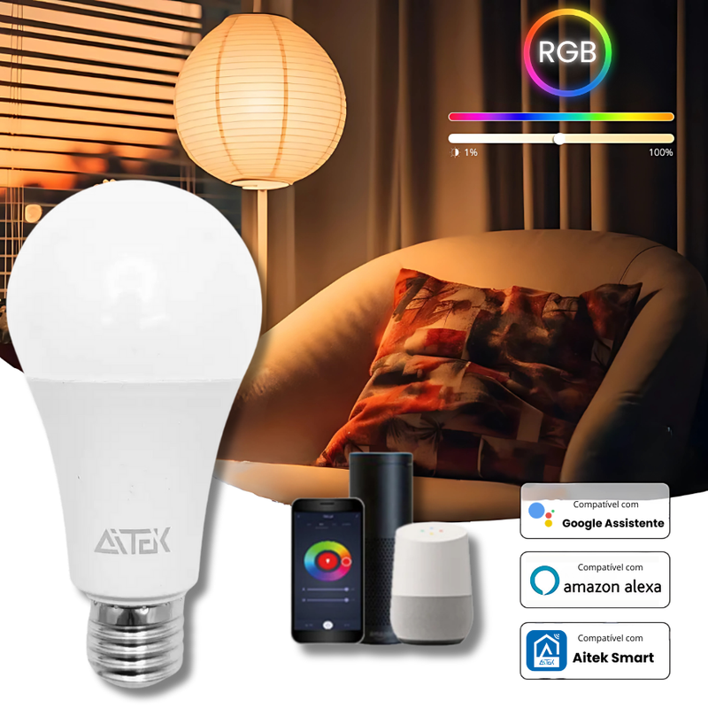 Lâmpada LED Inteligente RGB, Com Controle Por App